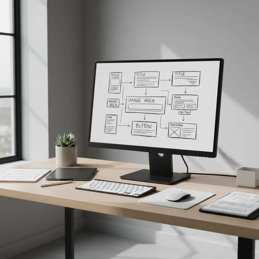 Pantalla con wireframes de una interfaz digital en proceso de diseño