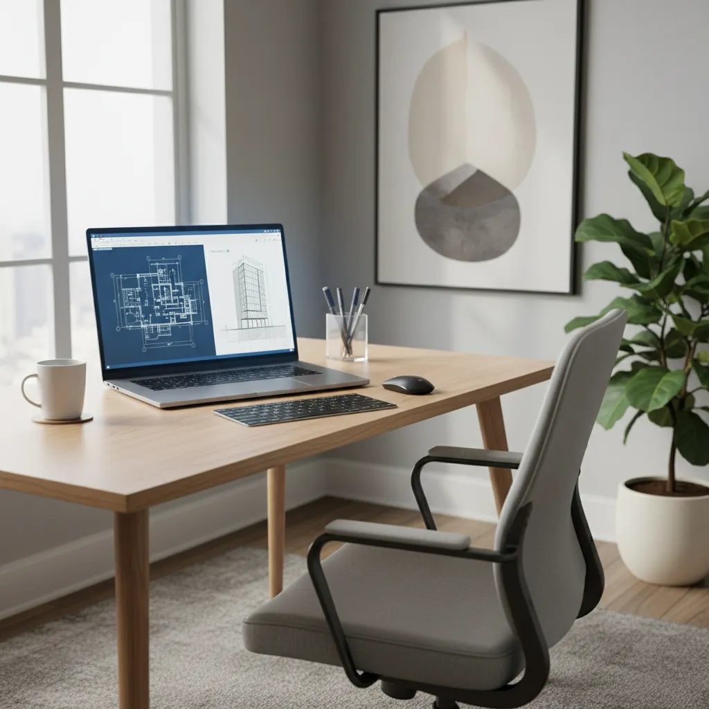 Laptop showing digital planning portal with house elevation and floor plan drawings