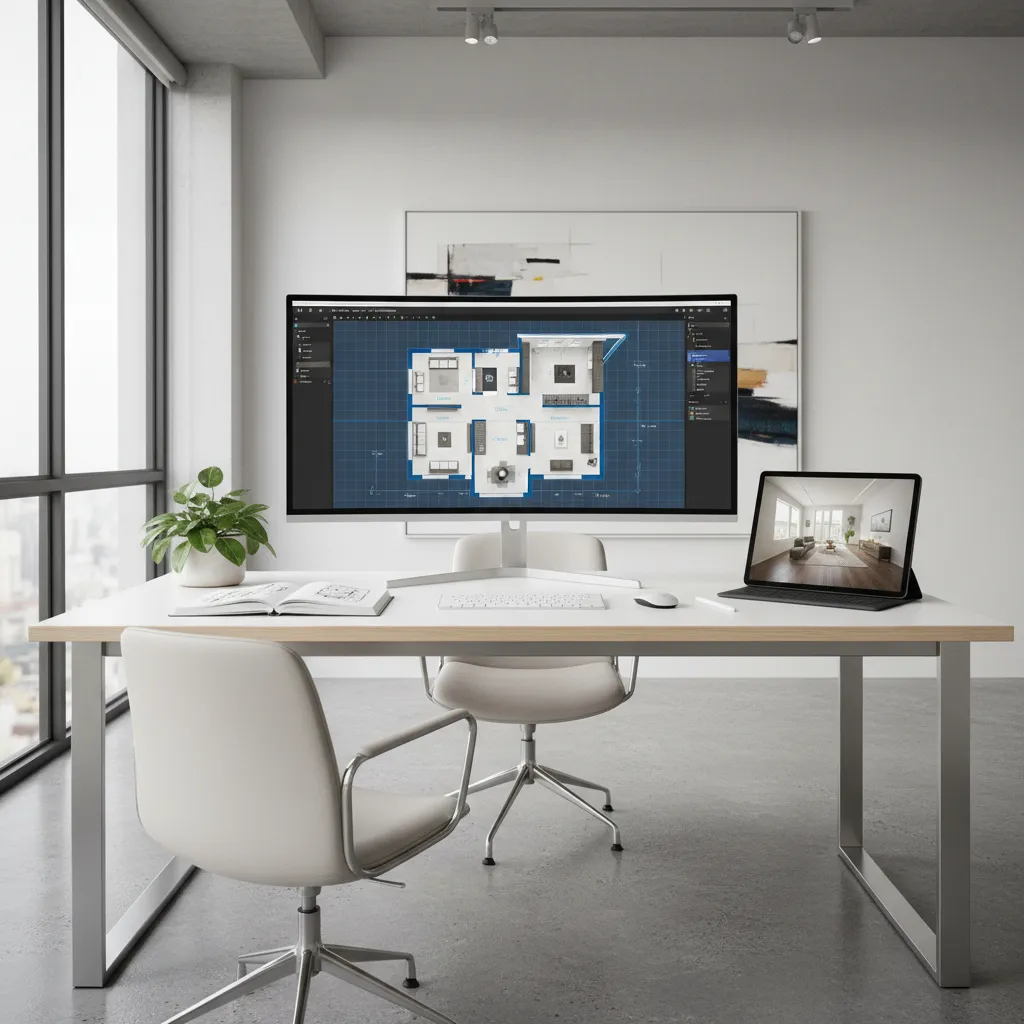 Designer creating a digital house floor plan using software on a computer screen