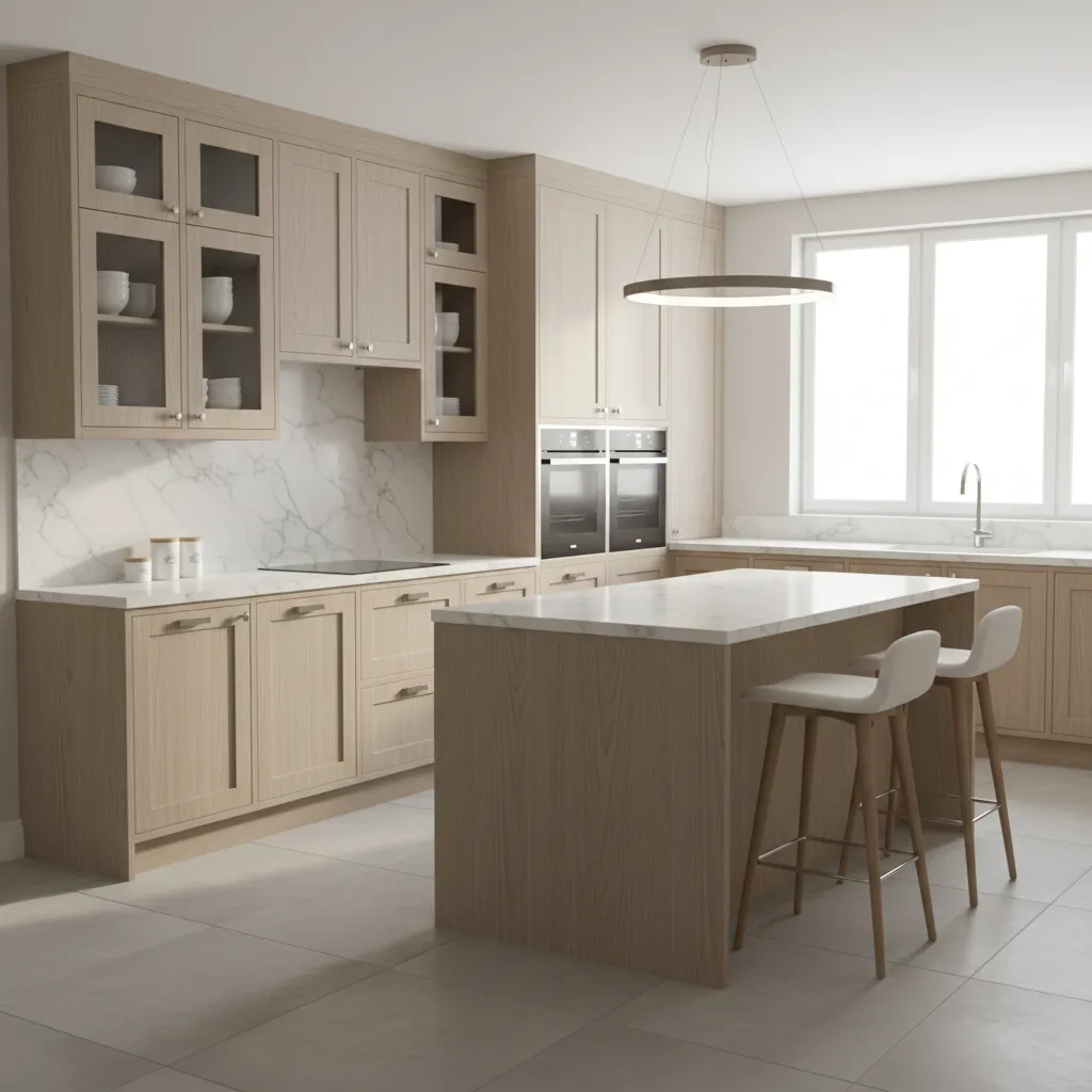 Bright UK kitchen with glass wall cabinets above countertop