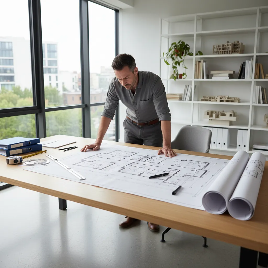 Architect reviewing printed house floor plans and planning documents on a large desk
