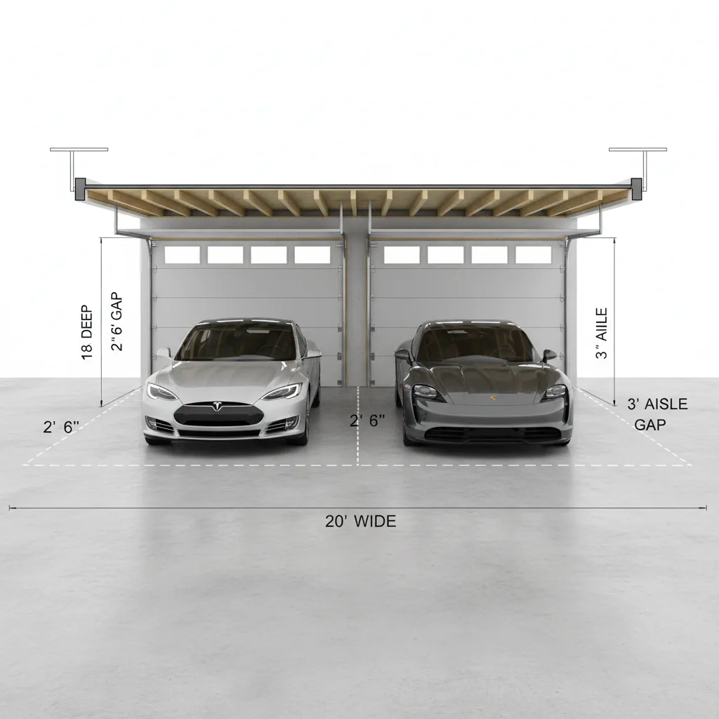 3D interior design drawing showing dimensions for two car garage with specific width and depth