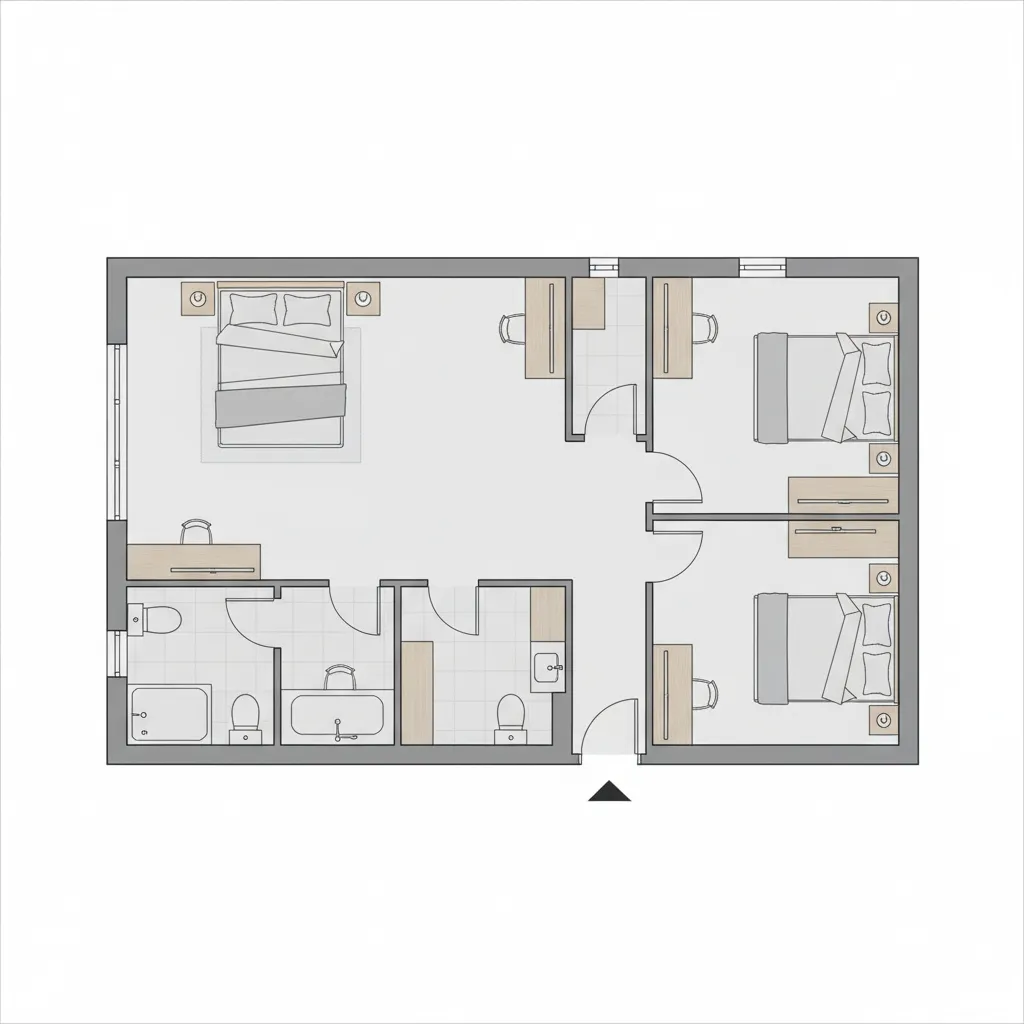2D floor plan with three bedrooms including beds and desks plus three small private bathrooms