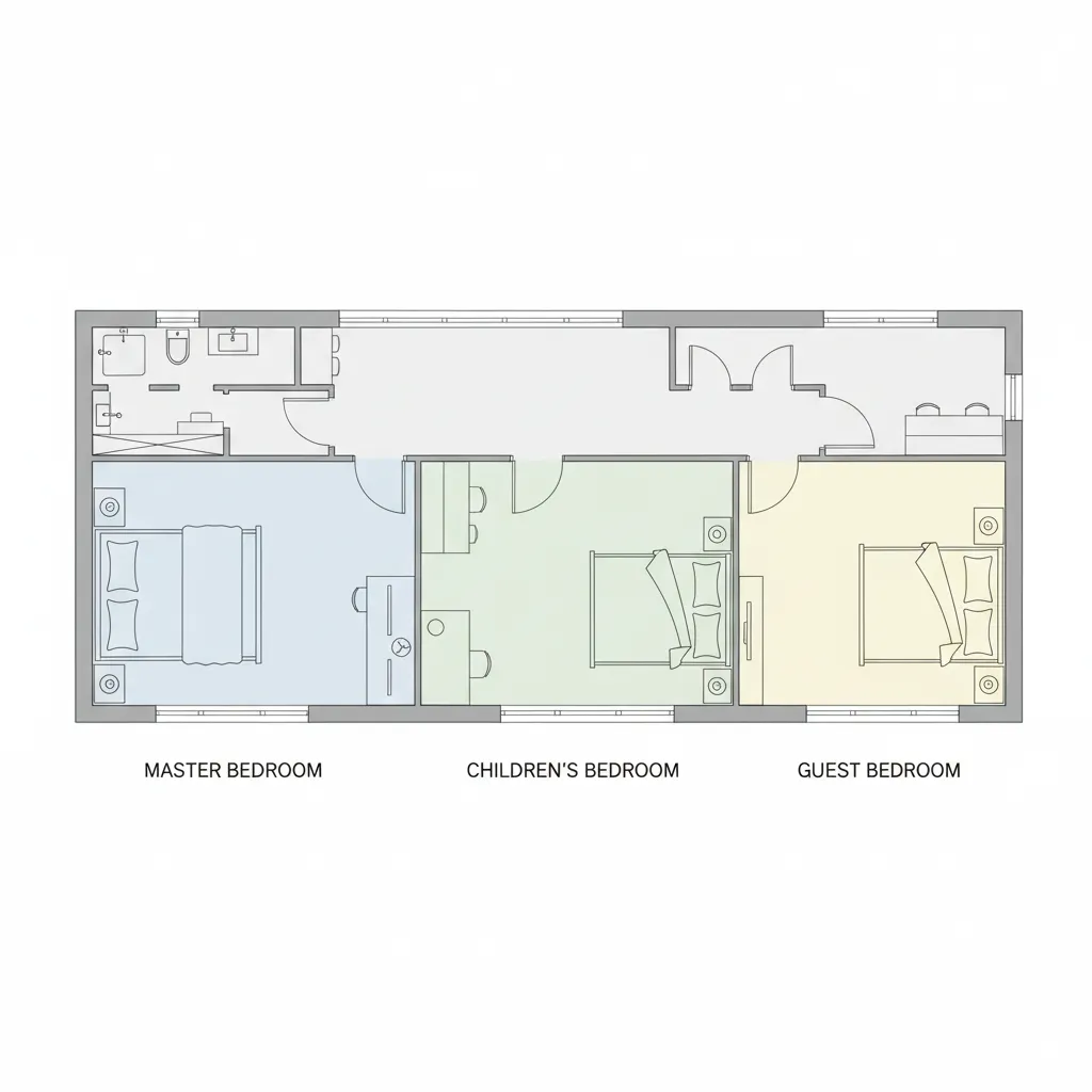 Simple 2D floor plan layout showing master bedroom children's bedroom and guest room with labels