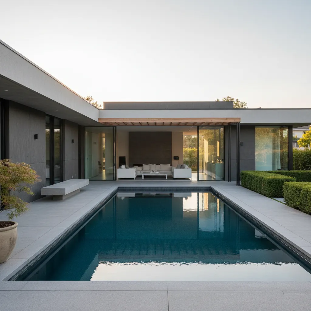 Modern minimalist house with outdoor swimming pool grey stone patio white sofas and large windows