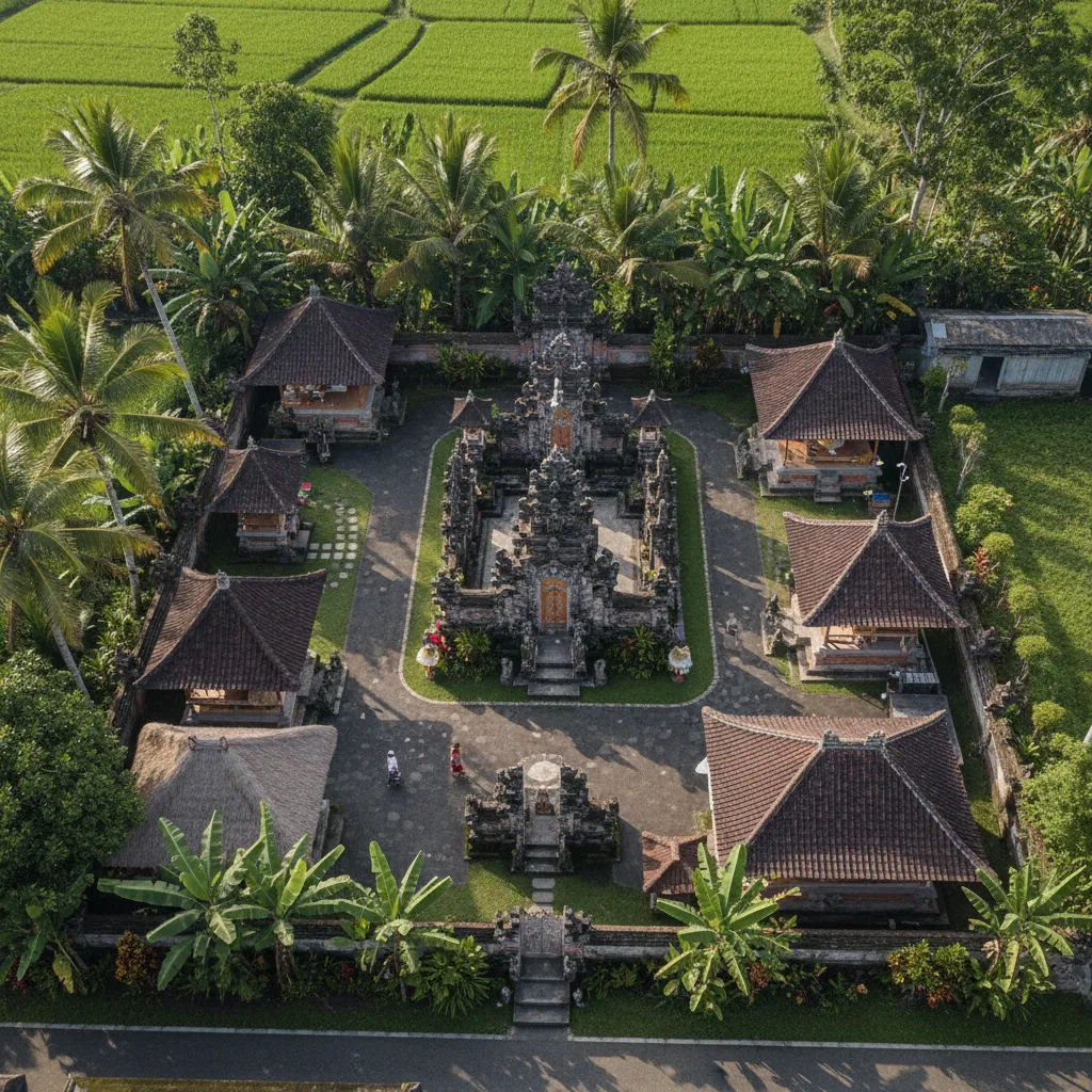 Aerial view of a traditional stone courtyard with small buildings, palm trees, and green fields