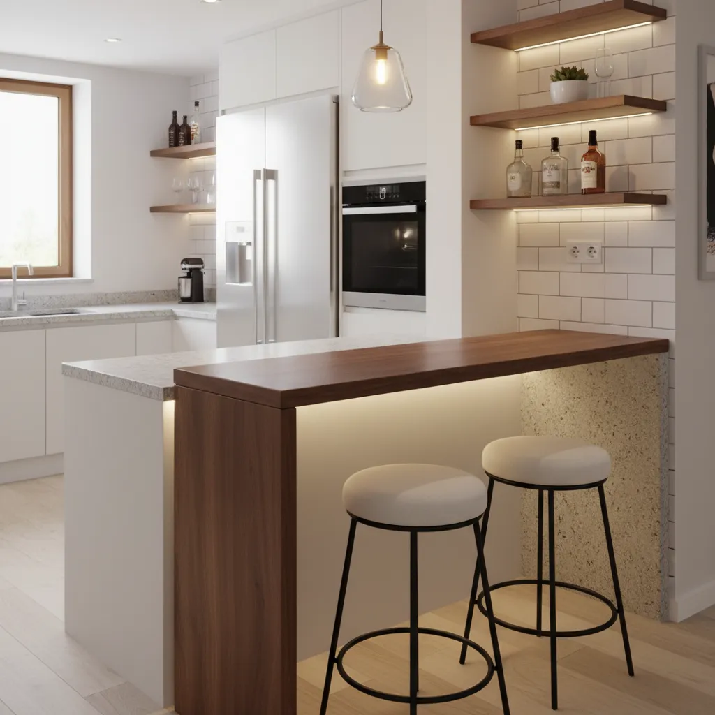 Mini bar kecil dengan dua kursi di dapur minimalis