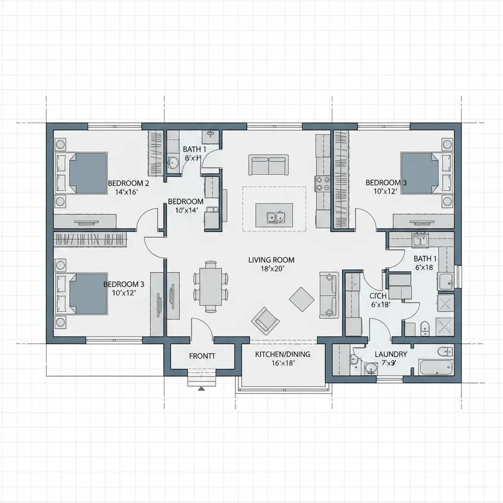 Detailed floor plan showing living room three bedrooms kitchen laundry and room dimensions on grid