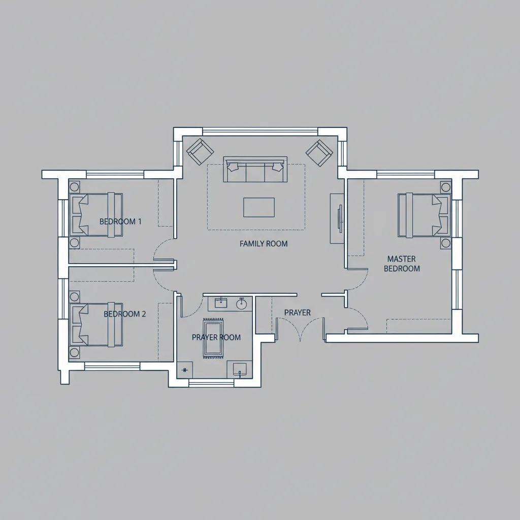 Clean interior design drawing for three bedrooms family room prayer room and shared open hallway