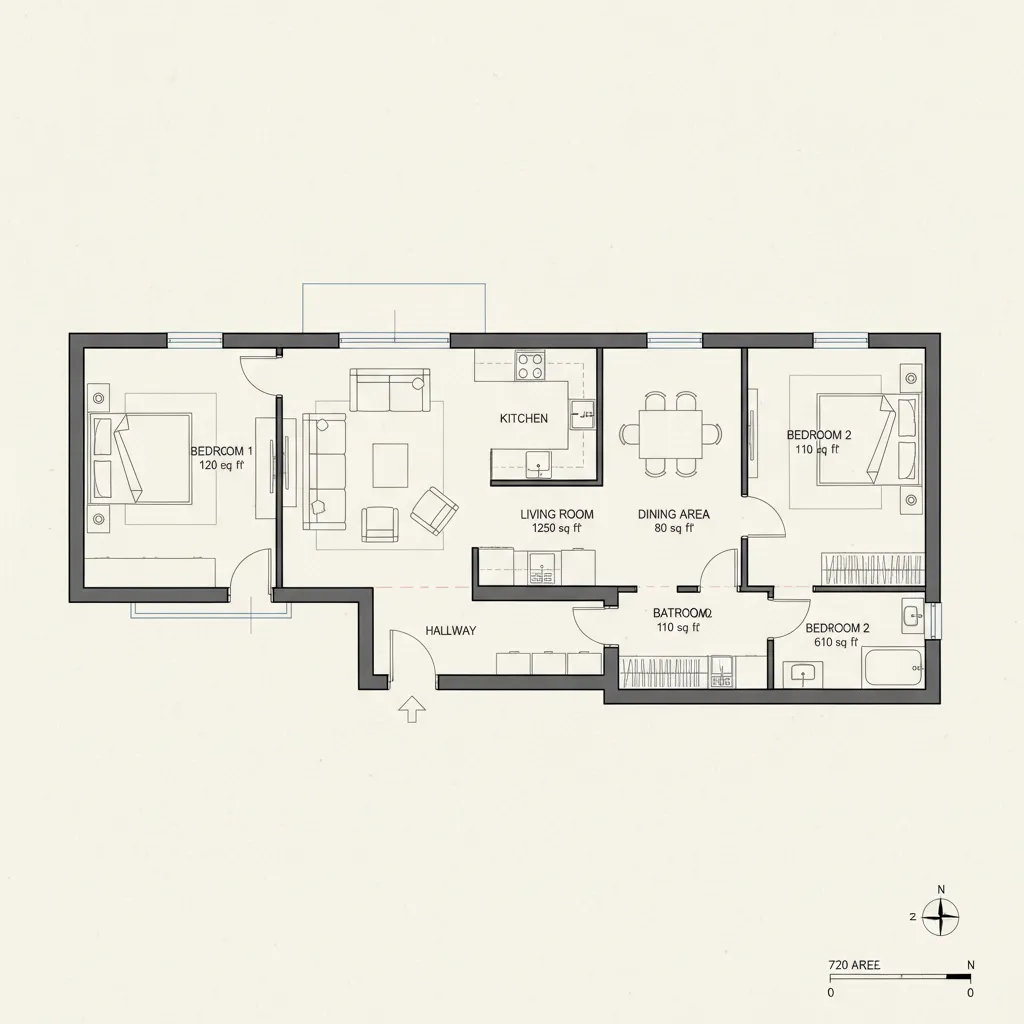 Simple two bedroom floor plan design with living room kitchen dining area and one bathroom