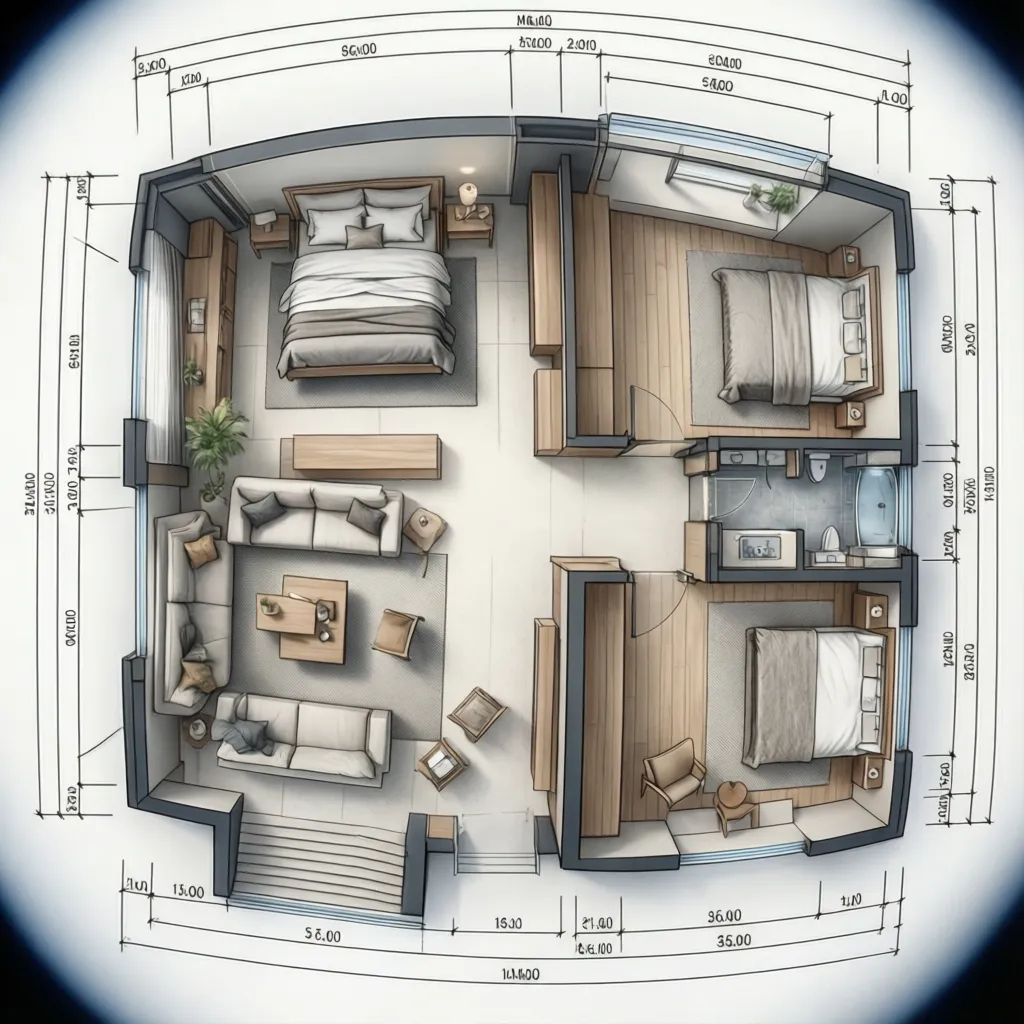 Interior design drawing of a small apartment showing three bedrooms a living room and dimensions