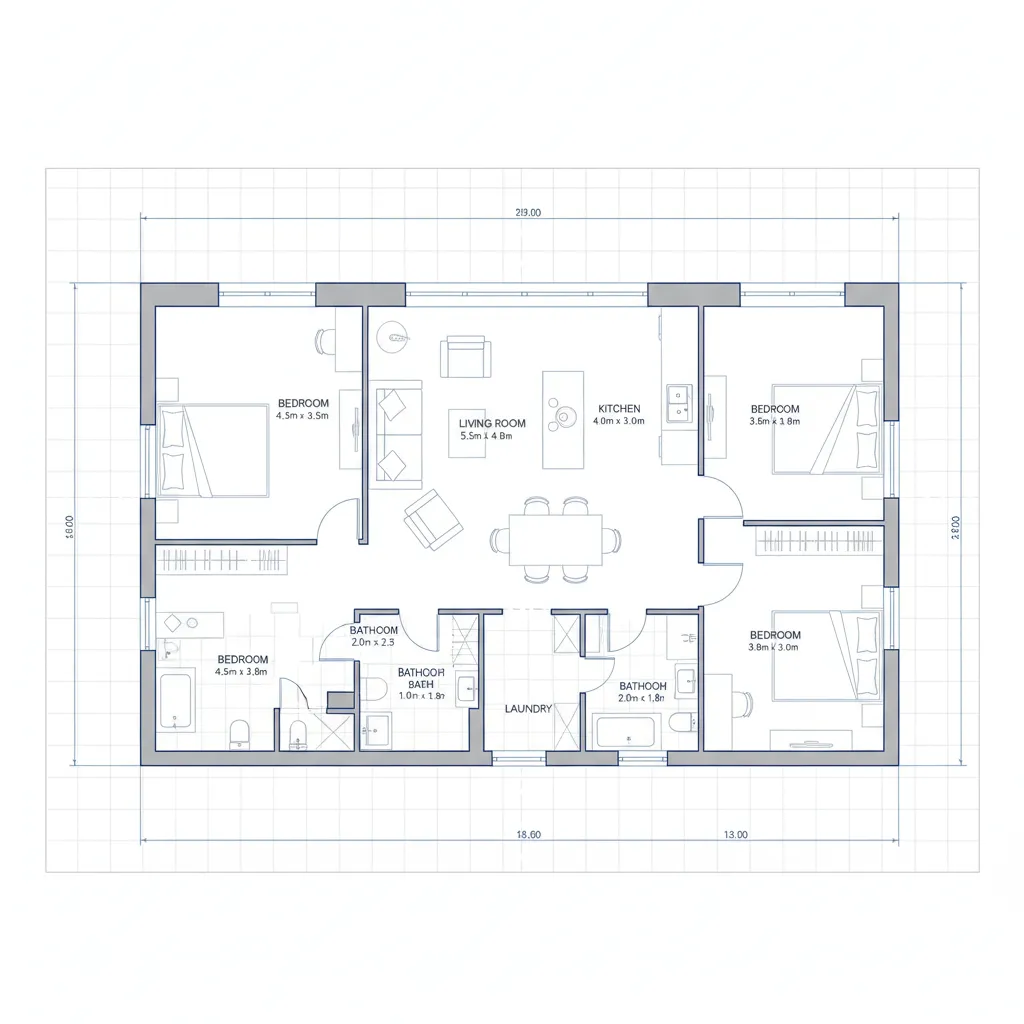 Detailed 2D floor plan showing four bedrooms, living room, kitchen, laundry, and three bathroom layout