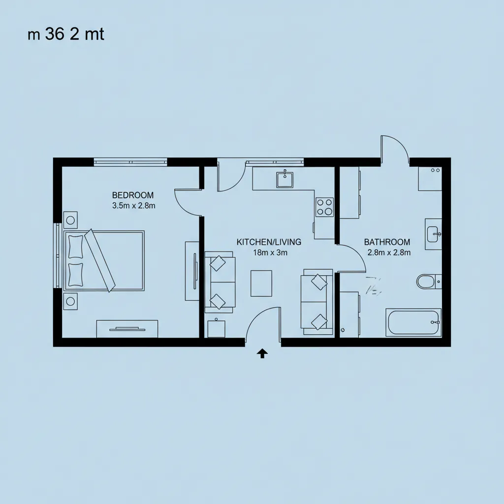 Blue floor plan layout with labels for bedroom kitchen living area and bathroom including measurements