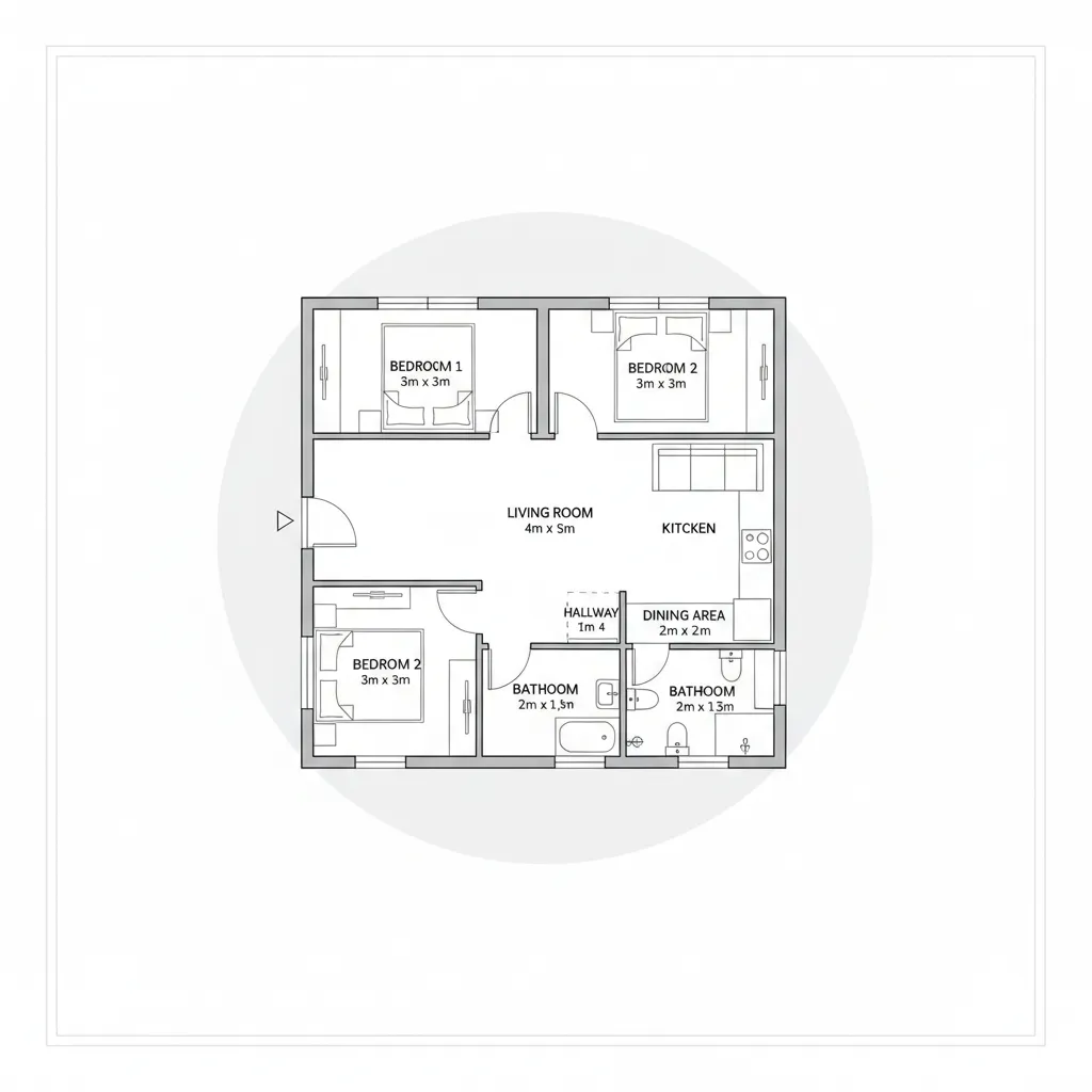 House floor plan with three bedrooms living room kitchen dining area and two small bathrooms