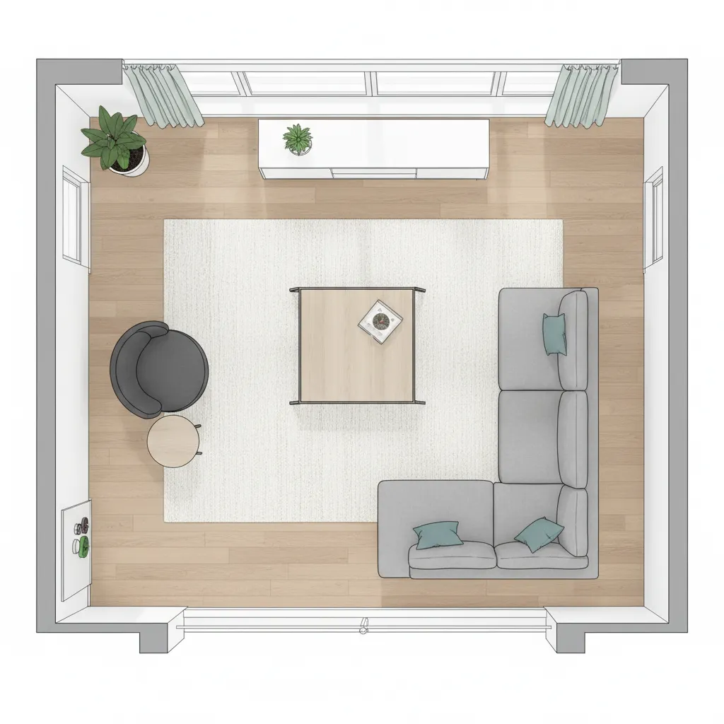 Top view living room layout with grey sofa white rug coffee table and wood floor