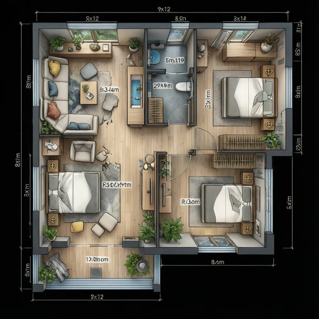 Three bedroom house layout showing interior design drawing with kitchen living area and specific dimensions