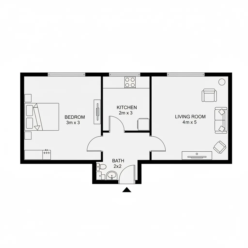 Simple 2D floor plan showing a bedroom, kitchen, living room, and a small bathroom layout