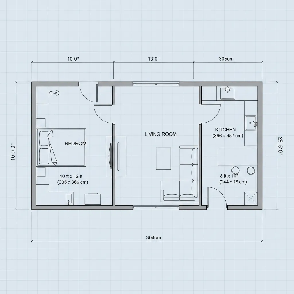 2D floor plan layout with dimension lines for a bedroom living room and kitchen area