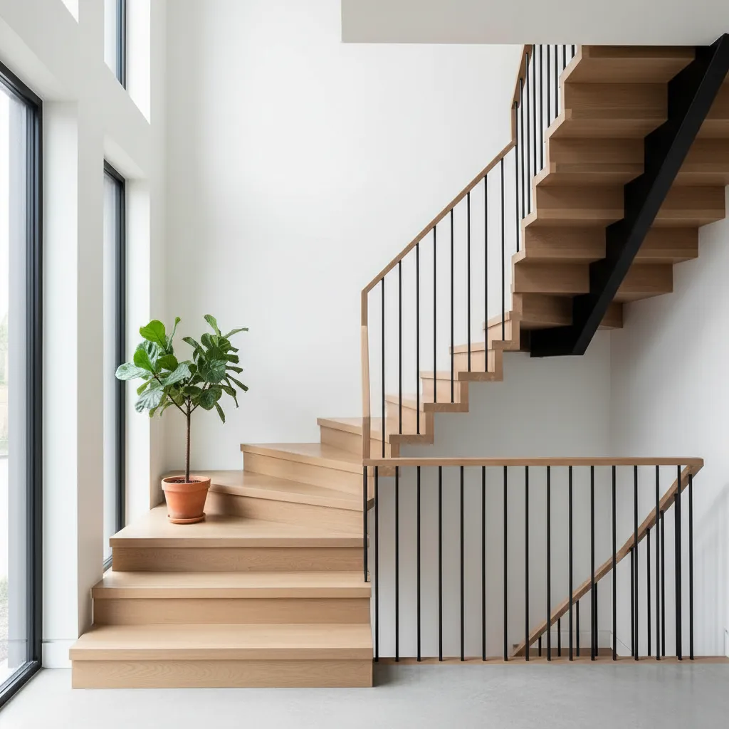 Modern wooden staircase with black metal railings next to large windows and green potted plant