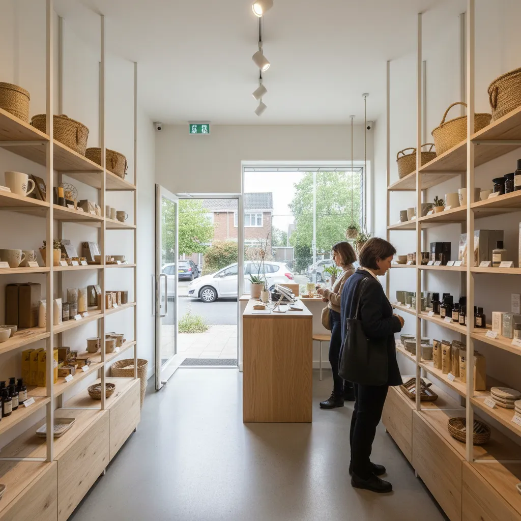 Two customers browsing products on wooden shelves in a bright modern shop with white walls