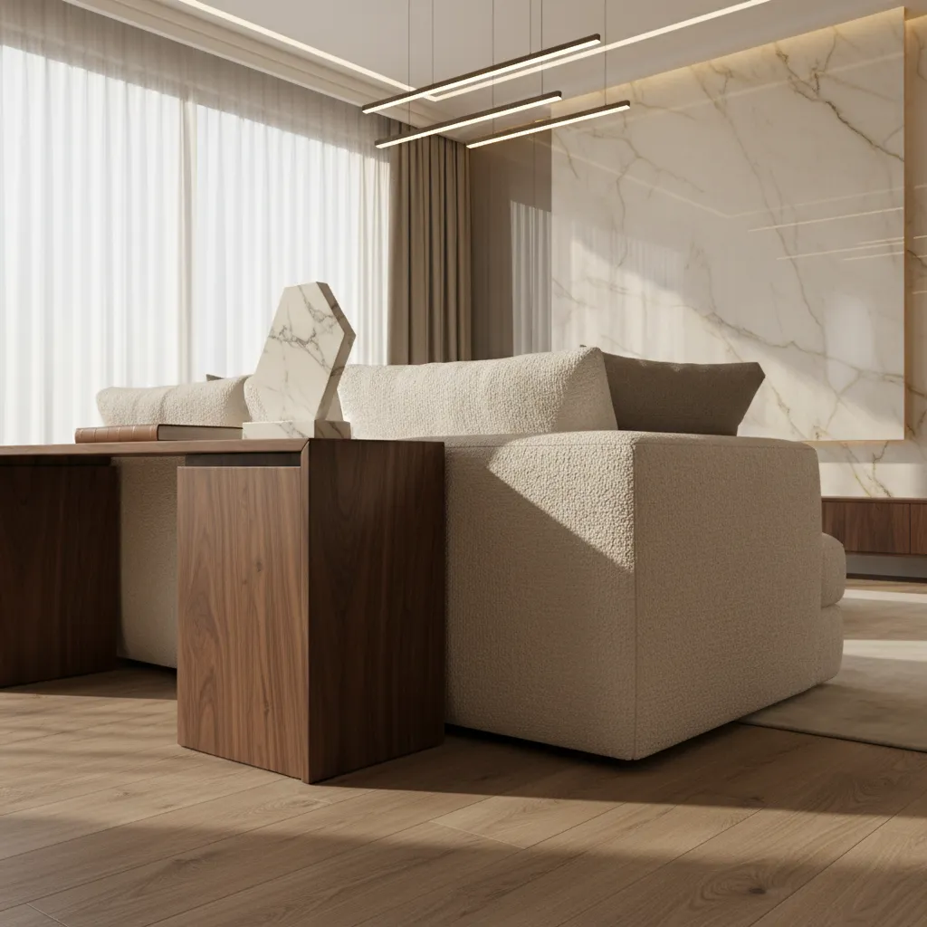 extremely detailed 8K interior render showing fine material textures