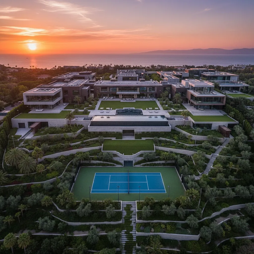 Aerial view of a massive luxury estate with multiple buildings and landscaped grounds