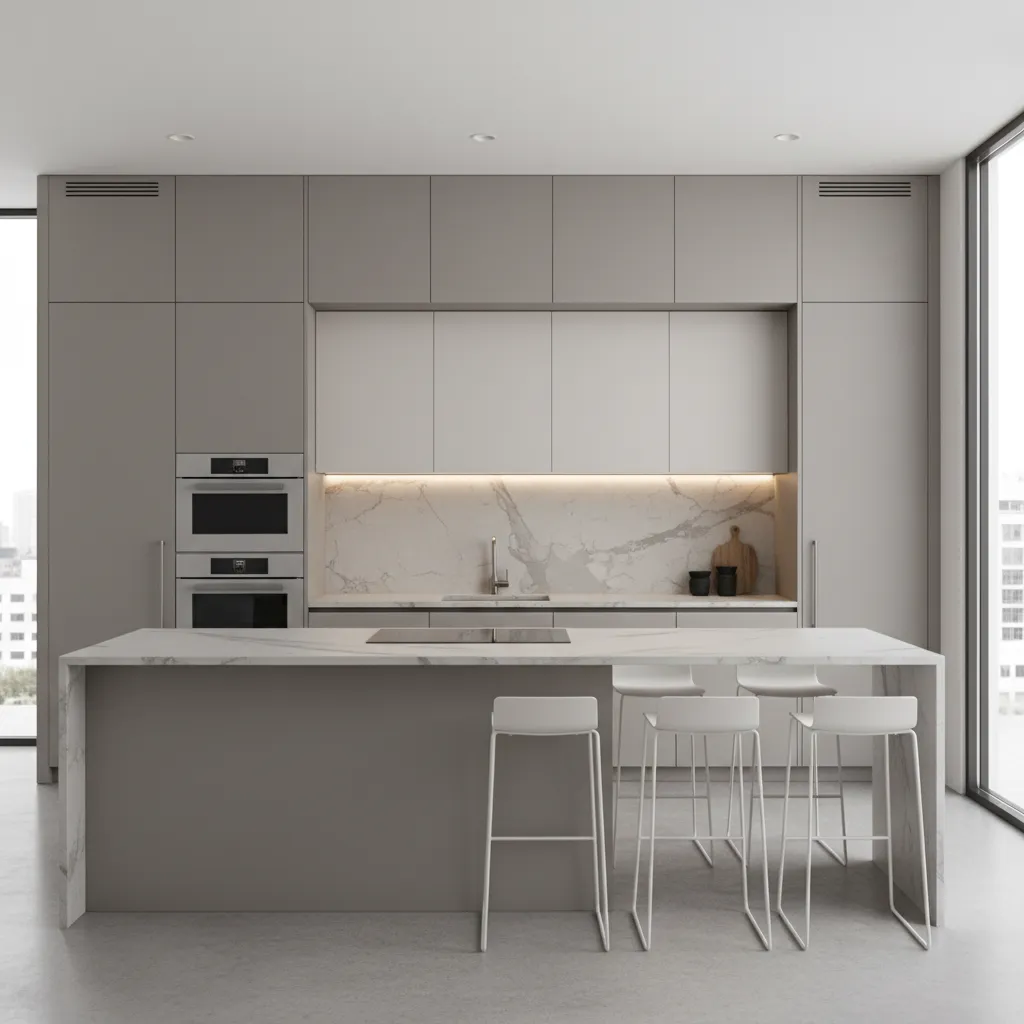 Modern grey kitchen with large island white marble top four white chairs and built-in ovens