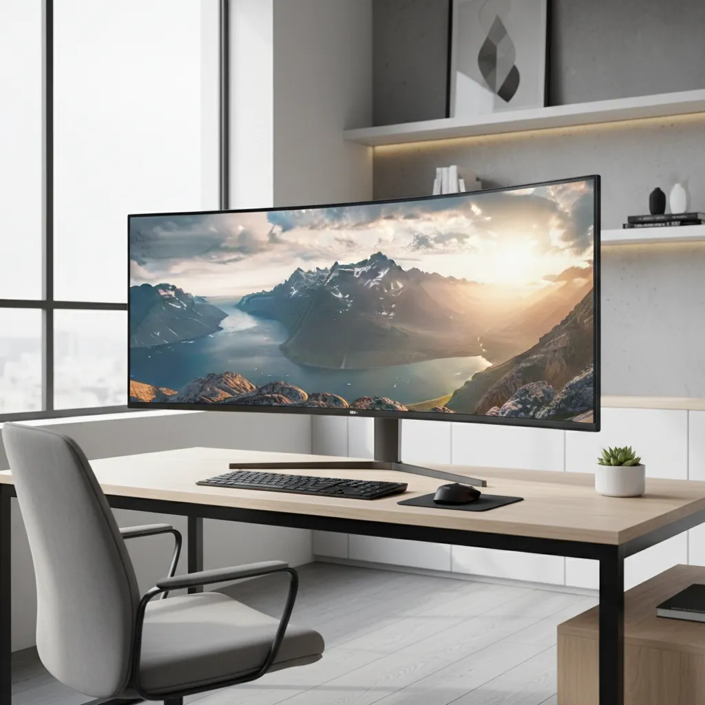 Ultra wide monitor displaying correctly scaled wide wallpaper on a 3440x1440 screen