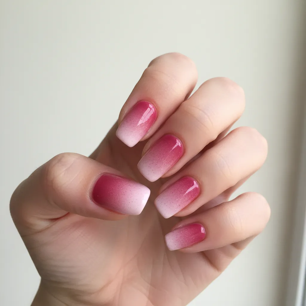 Hand with pink and white gradient nails showing smooth color transition on simple light background