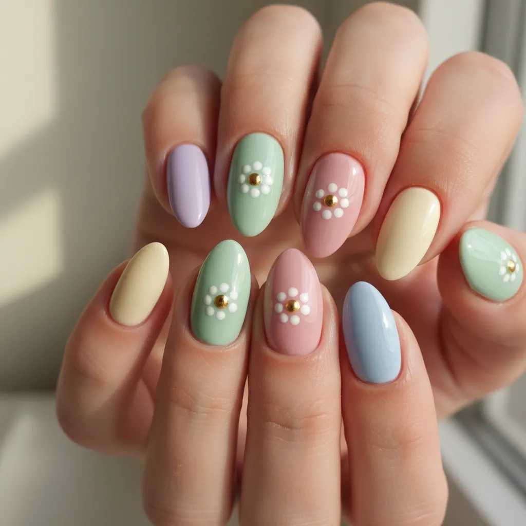 Diseño de uñas con flores simples hechas con puntos