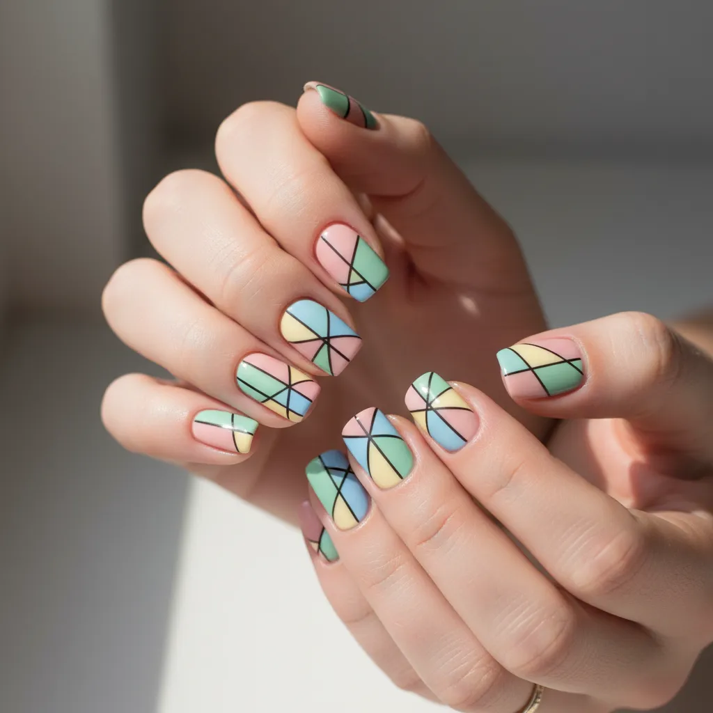 Diseño geométrico de uñas hecho con cinta adhesiva