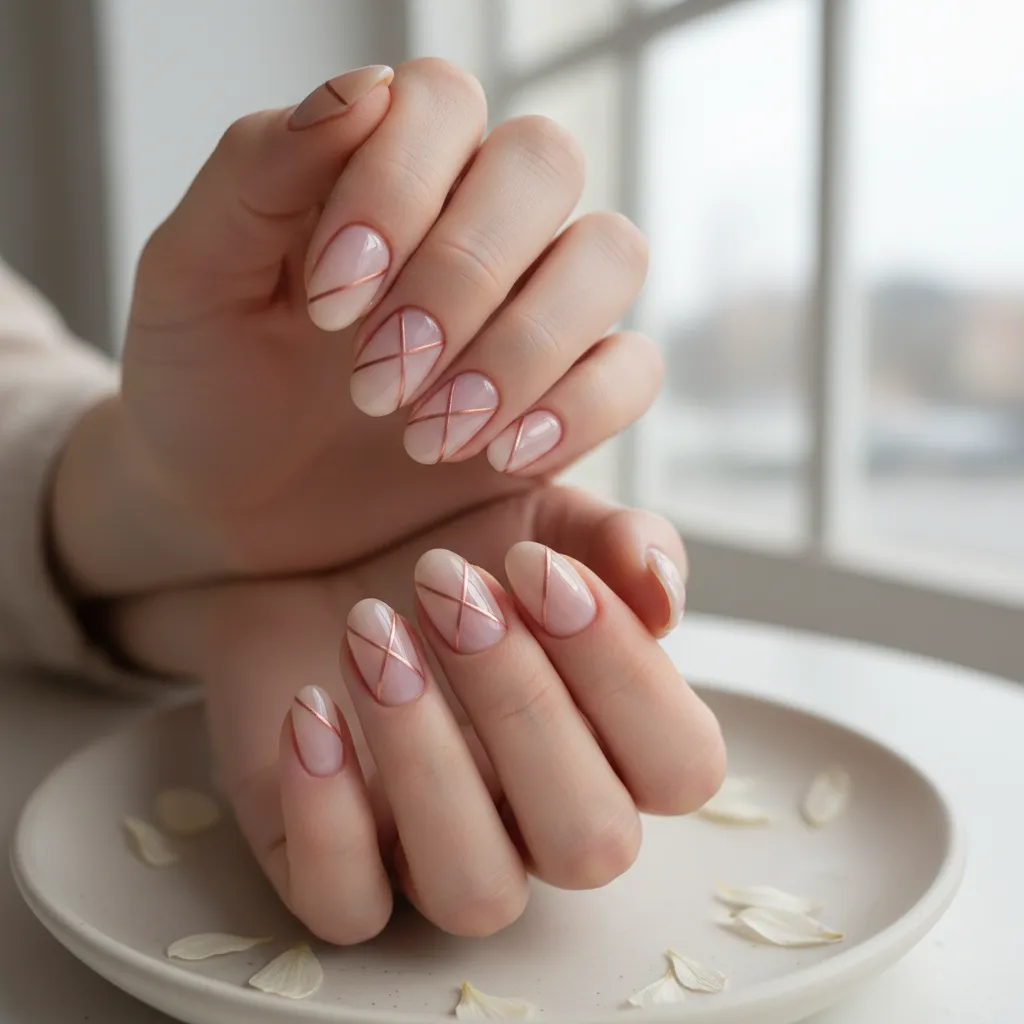 Manicura con líneas finas diagonales sobre base nude