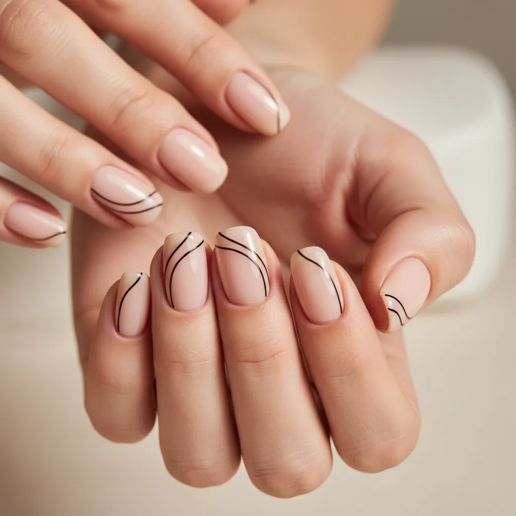 Diseño de uñas minimalista con base nude y líneas negras