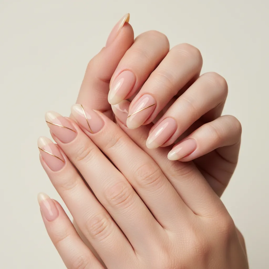 Diseño de uñas minimalista con línea fina dorada