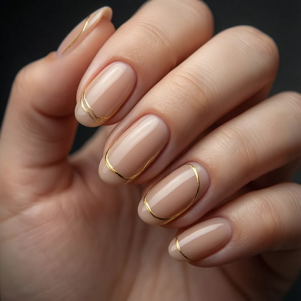 Elegant hand with nude colored nails decorated with thin gold metallic line art for modern style