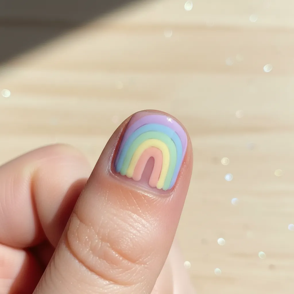 Diseño de uñas infantil con pequeño arcoíris en una uña