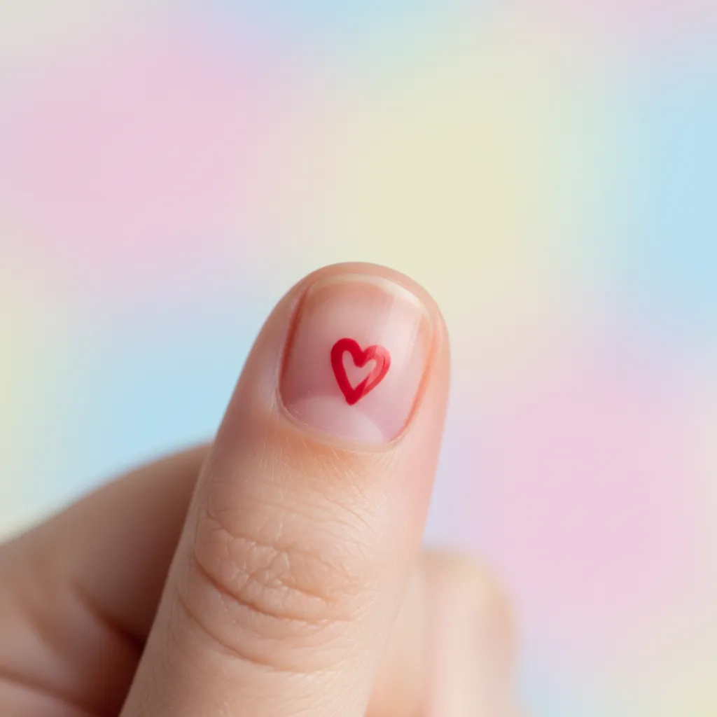 Uña infantil con pequeño corazón rojo sobre esmalte claro