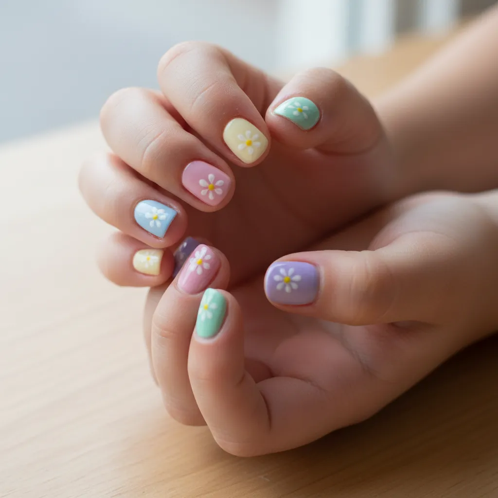 Uñas de niña con pequeñas flores hechas con puntos