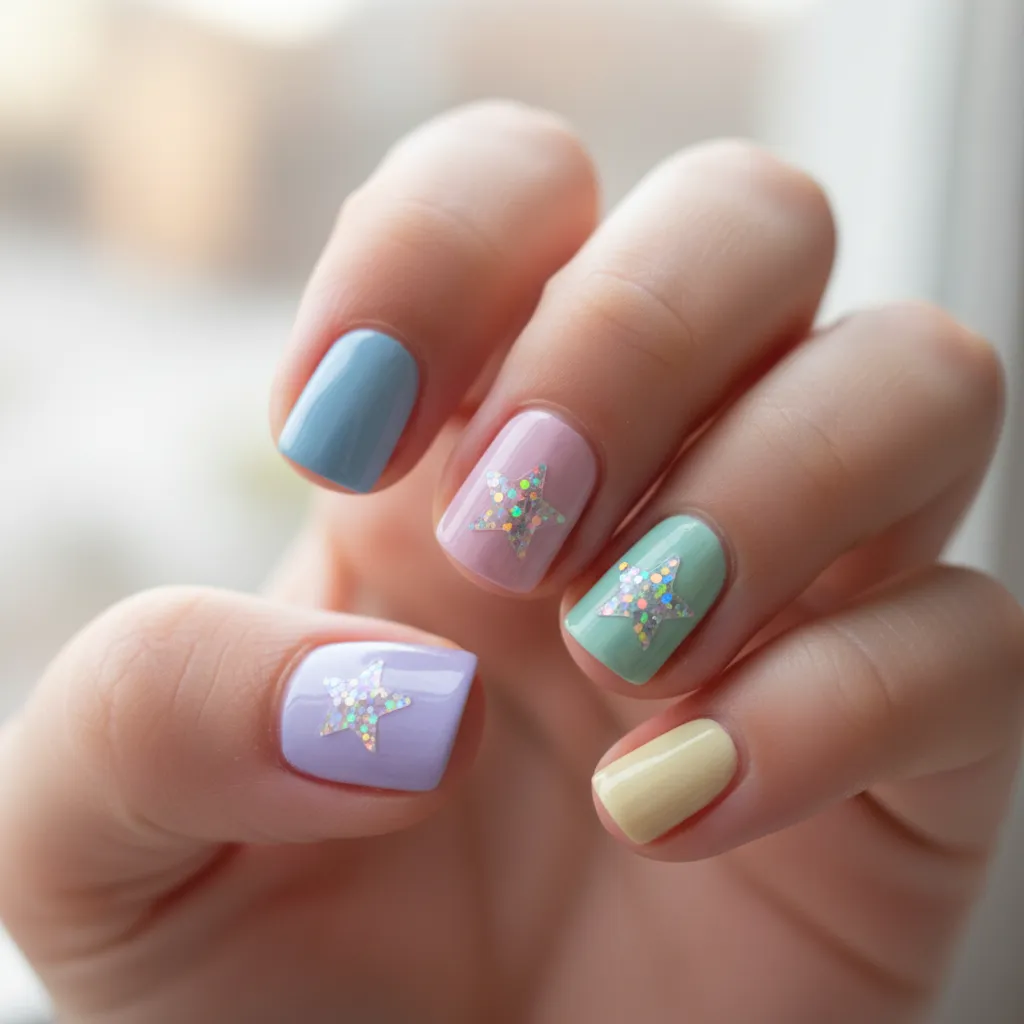 Mano de niña con uñas decoradas con pegatinas de estrellas