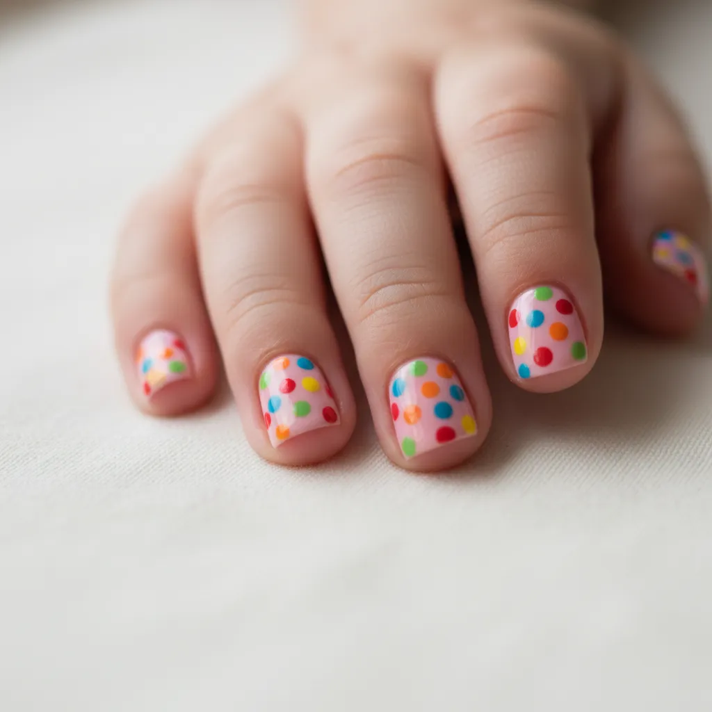 Uñas infantiles con diseño de puntos de colores sobre base rosa pastel