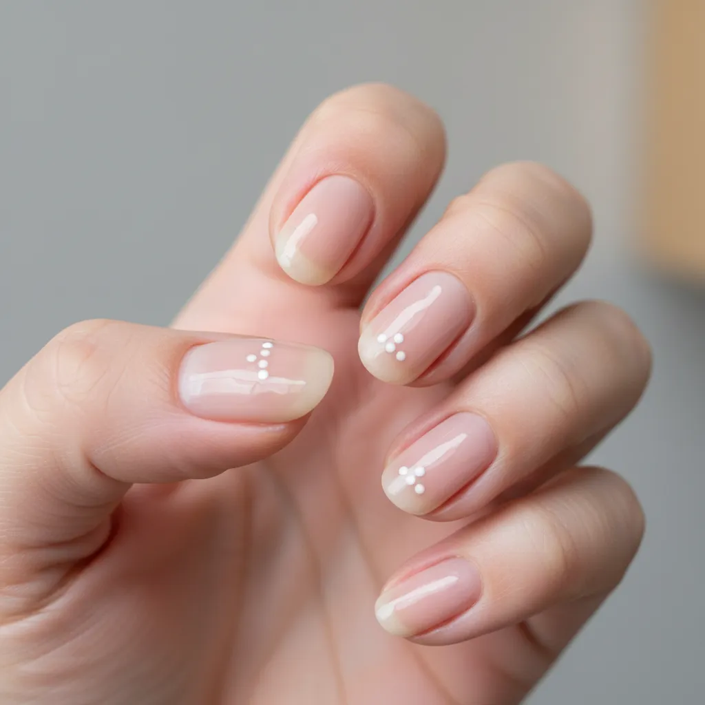 Diseño de uñas con puntos minimalistas sobre base neutra