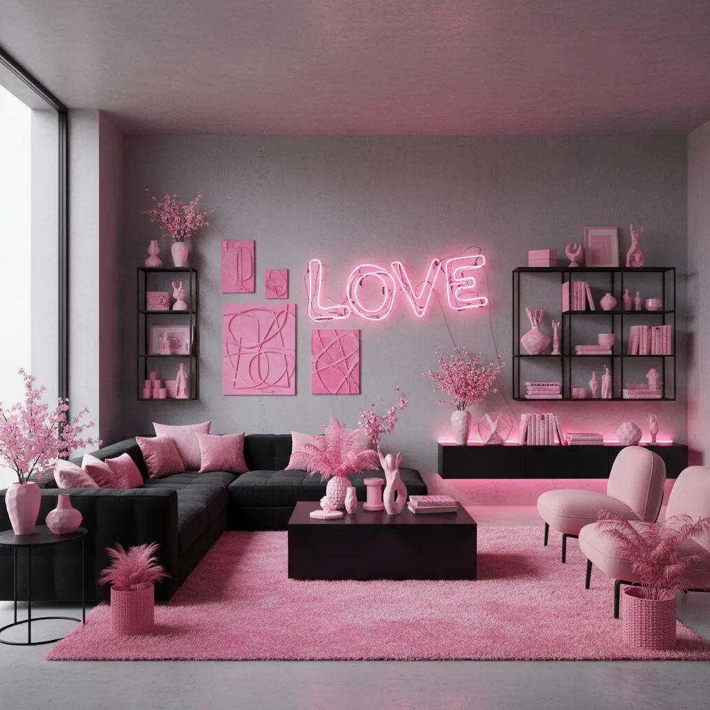 Living room with black sofa pink rug neon sign pink armchairs and various pink decorations