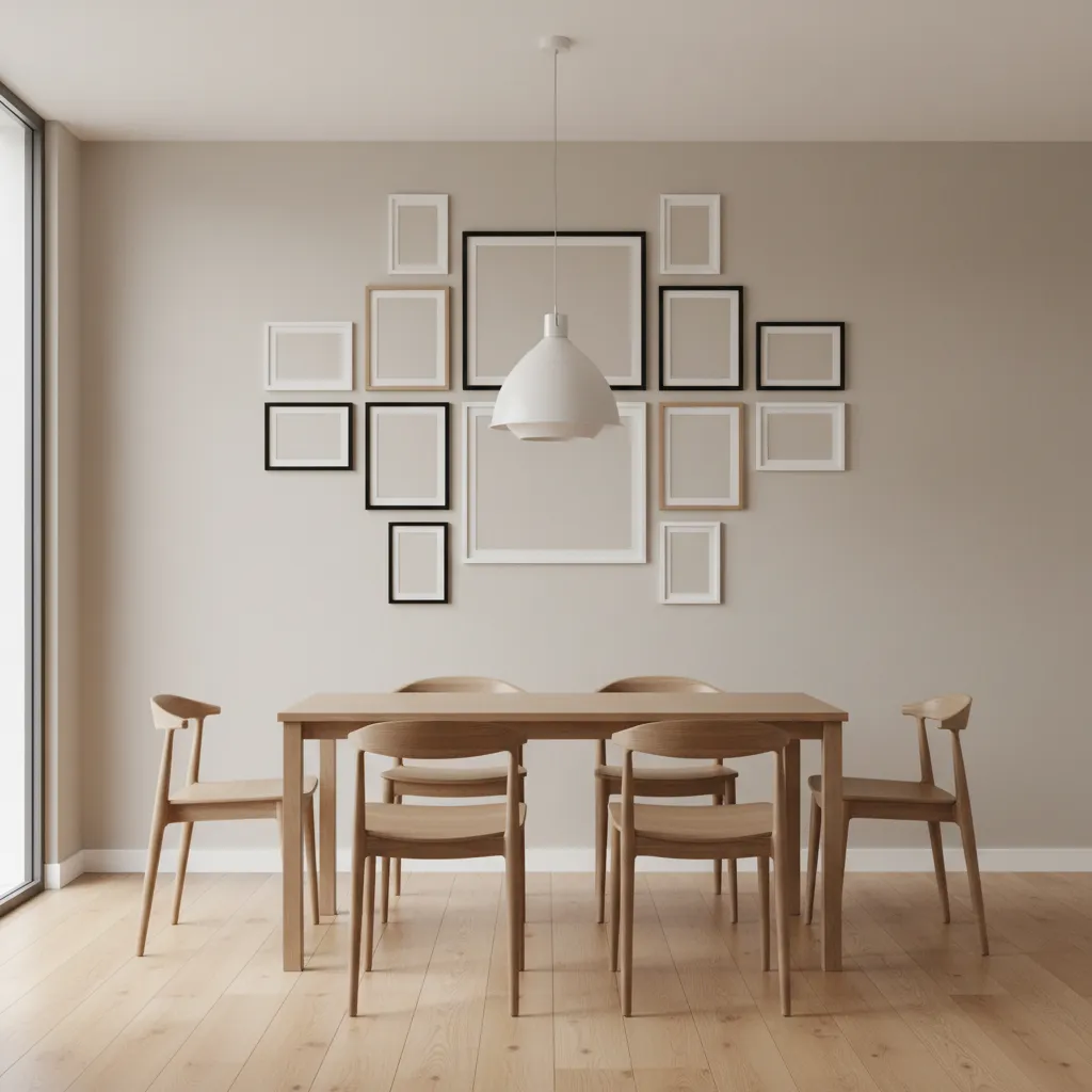 Dining room gallery wall with frames hung too high and uneven spacing