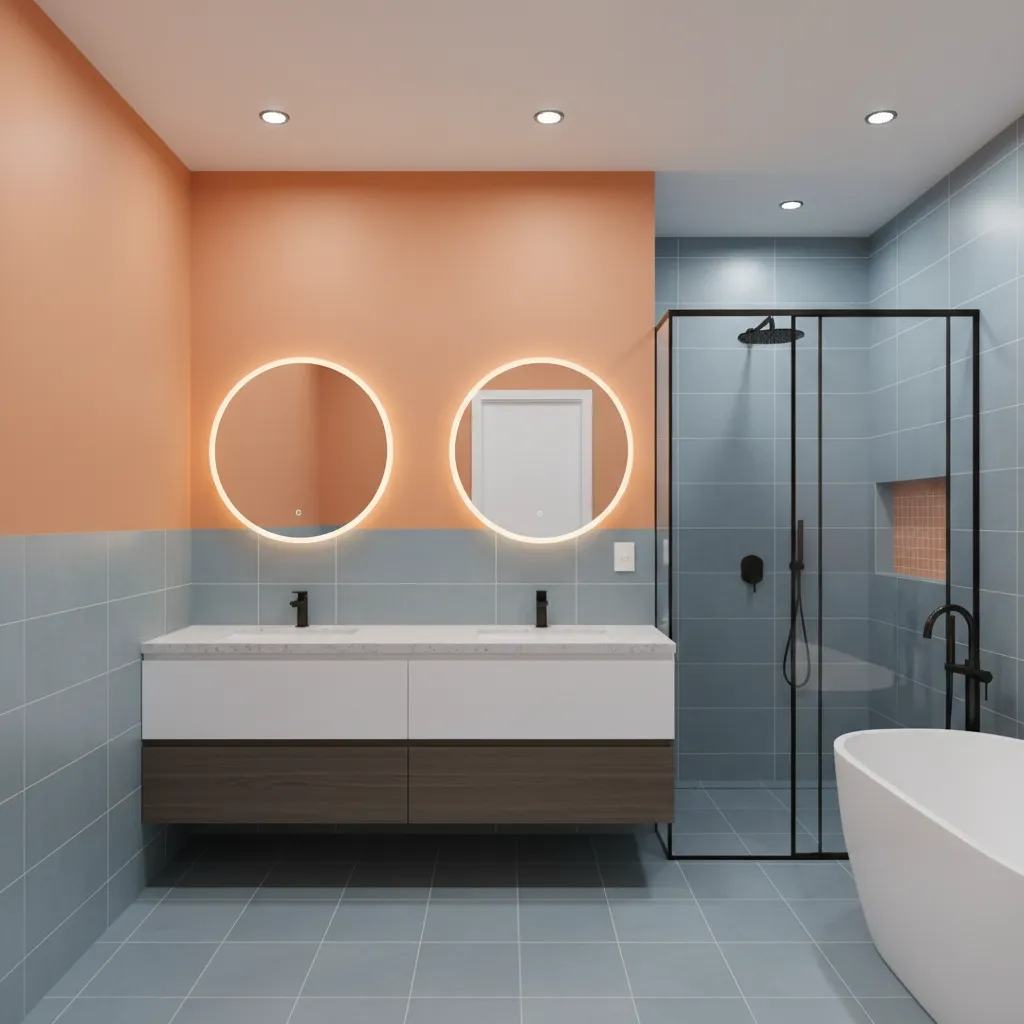 Bathroom with overly strong peach walls and cool grey tiles showing color imbalance