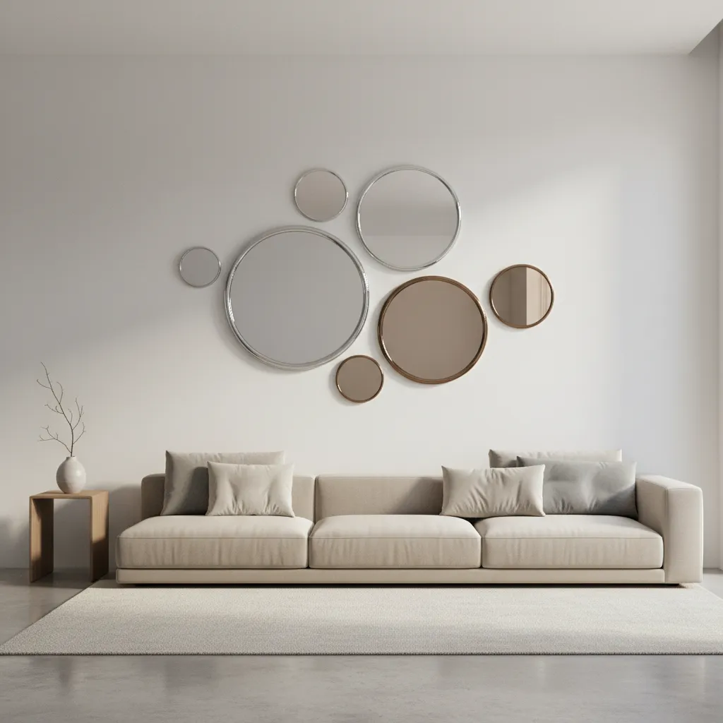 round mirror wall arrangement showing uneven spacing on living room wall