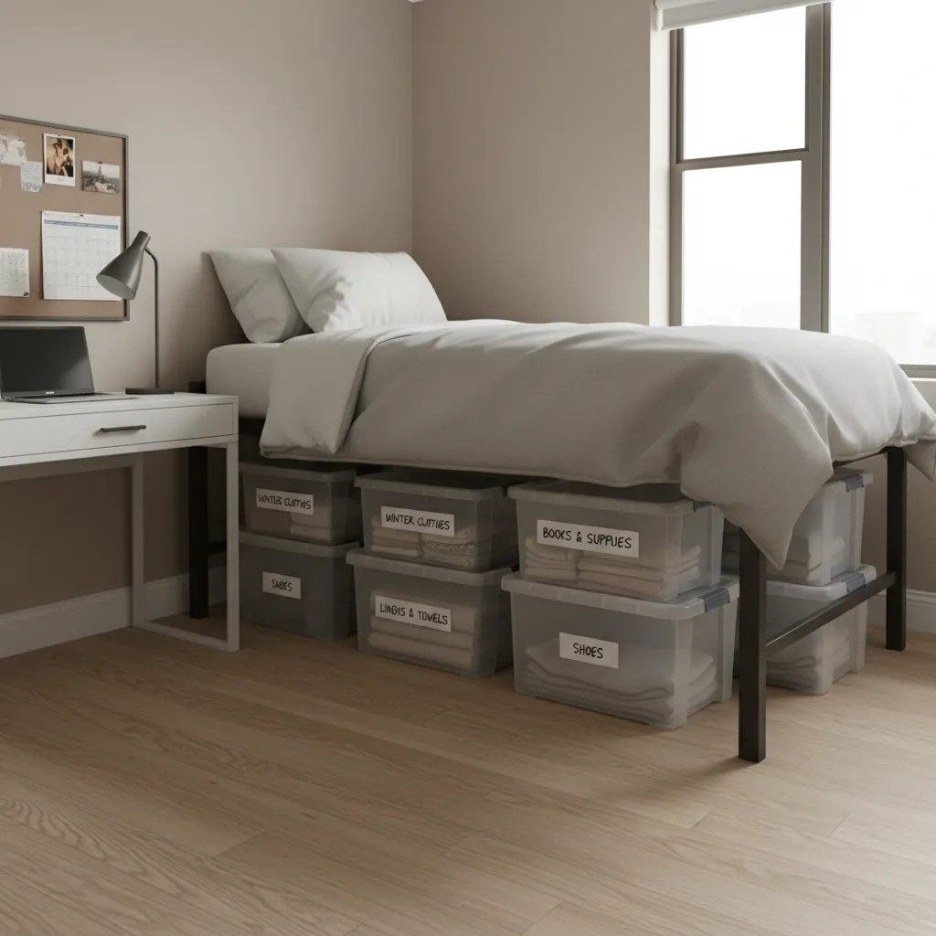 organized under bed storage bins in college dorm