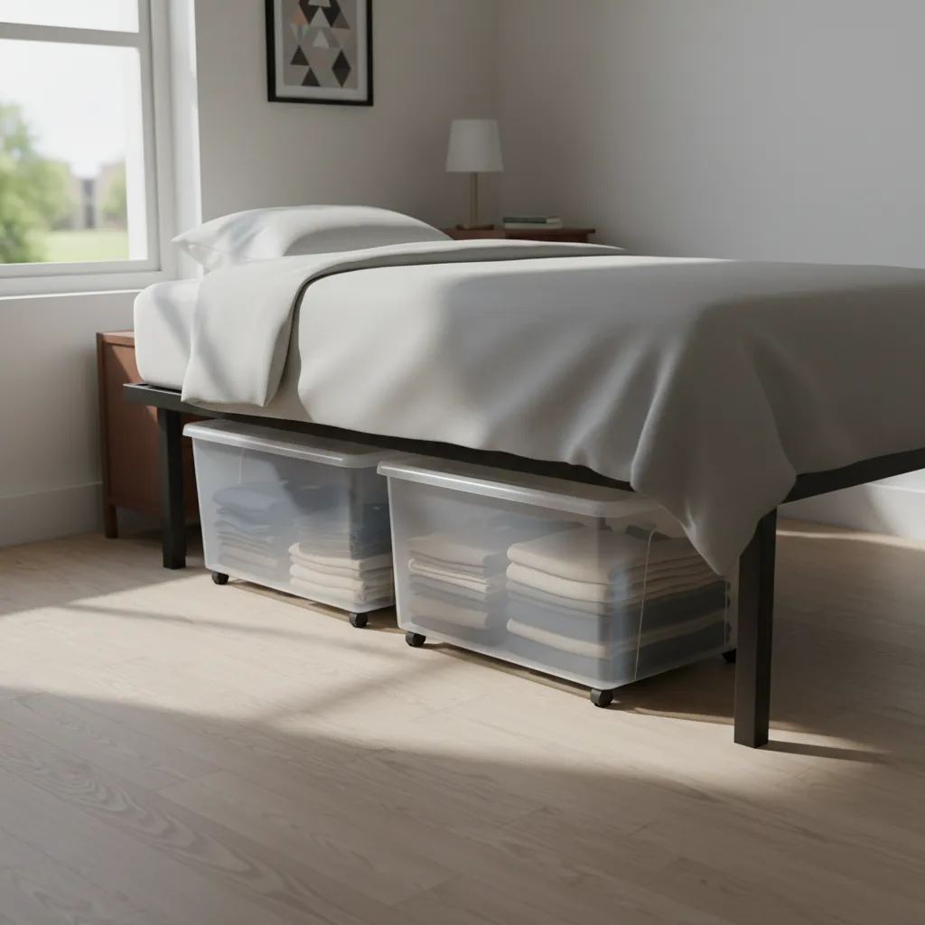 low profile rolling storage containers under a dorm bed