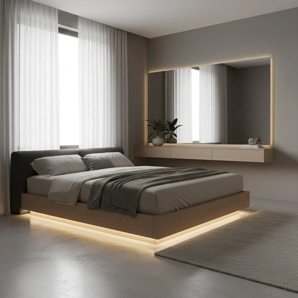 Bed with LED lighting underneath creating floating effect in small bedroom