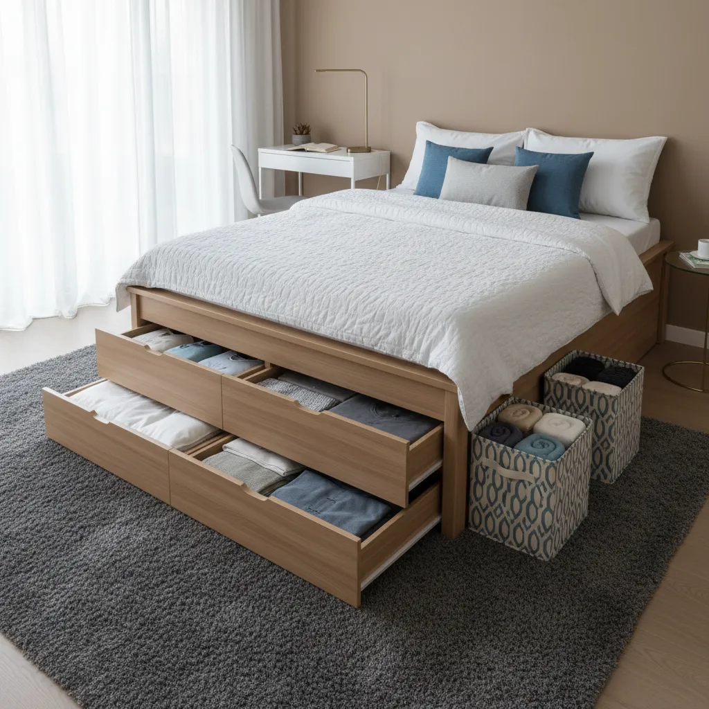 bedroom showing organized under bed storage drawers