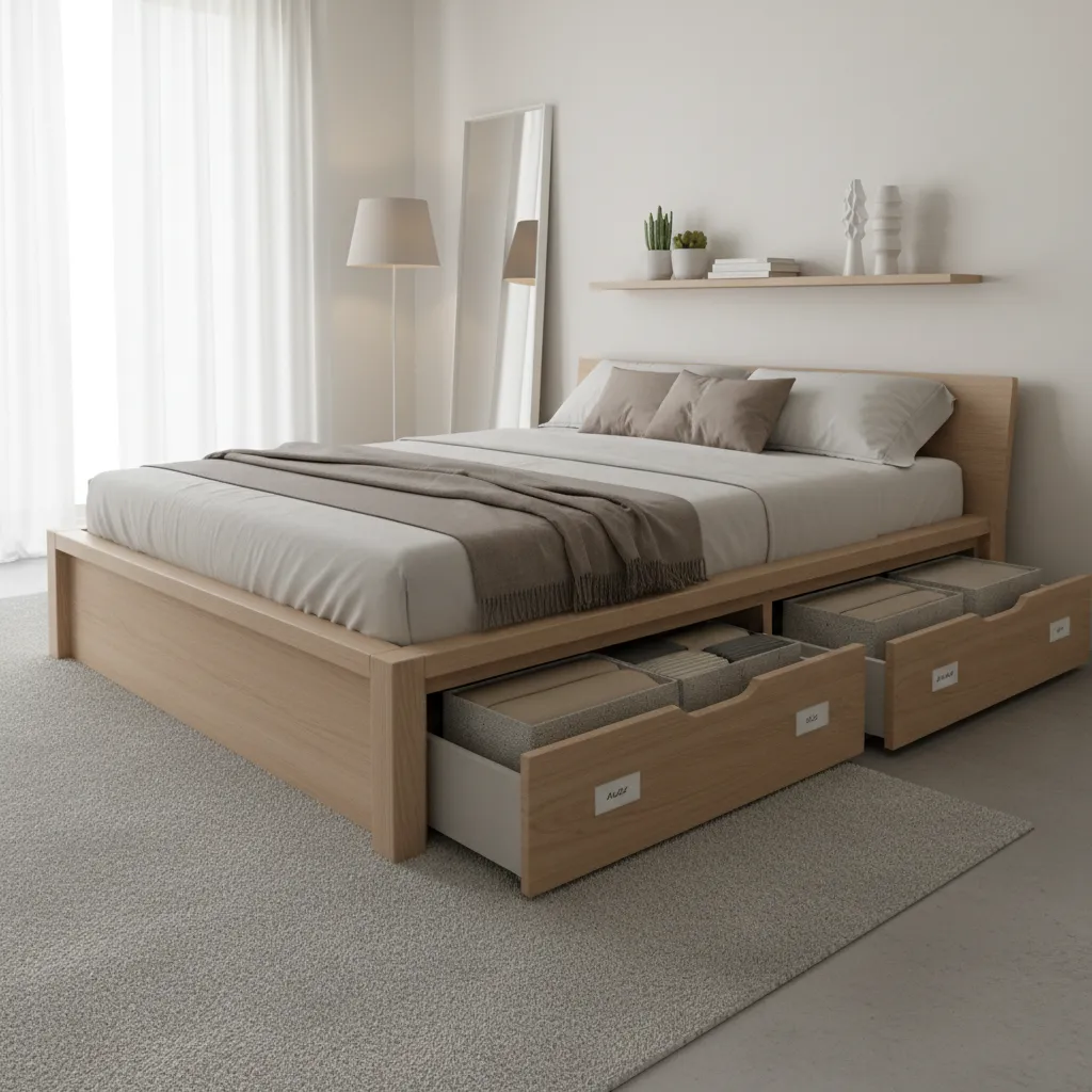 bed with built in drawers for hidden storage in bedroom office